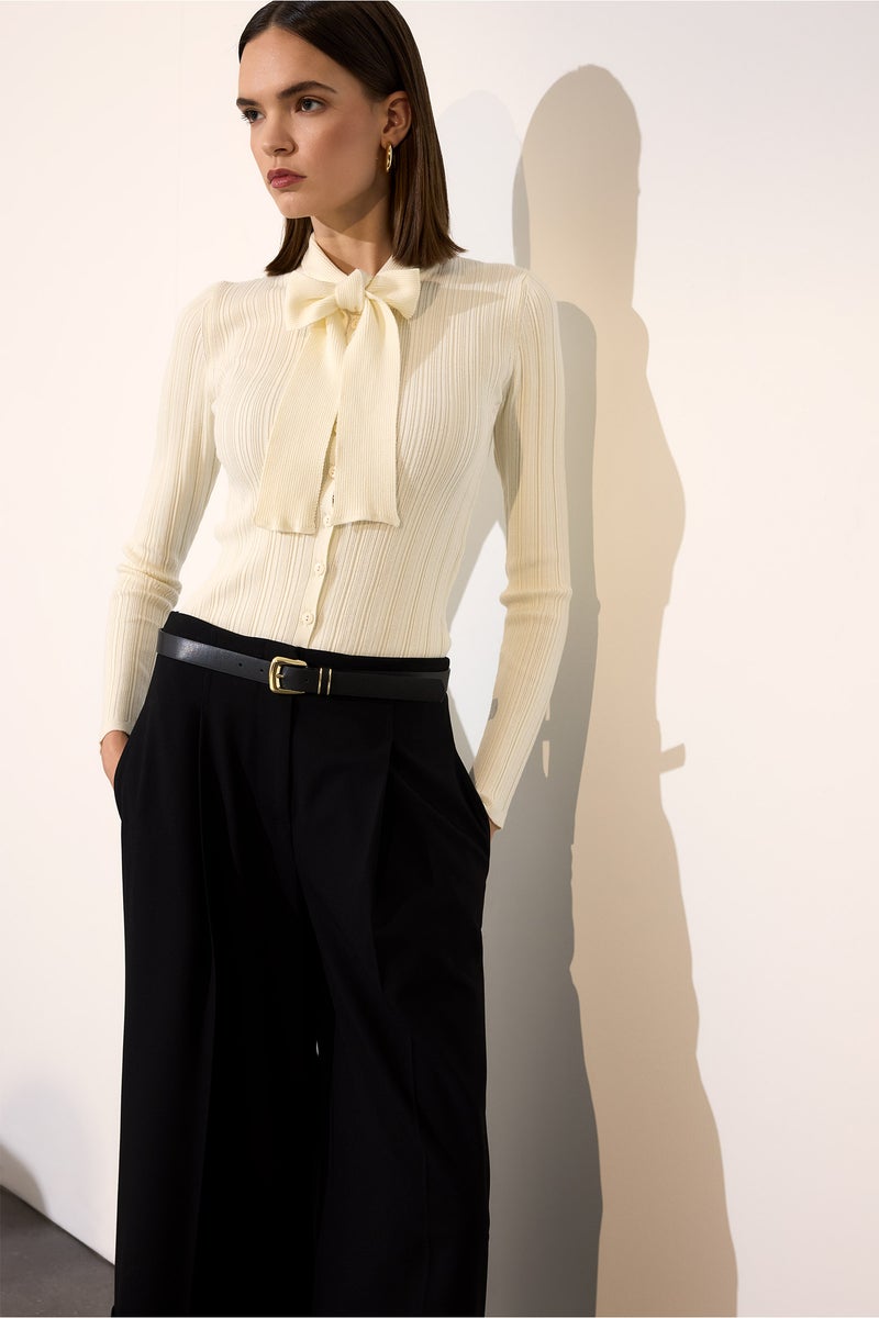 DeFacto Beige Woman Slim Fit Bowtie Knitwear Pullover Casual - Image 2